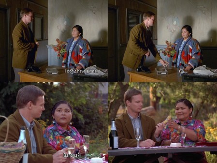 Bob produces something Marilyn needs from inside his jacket. 